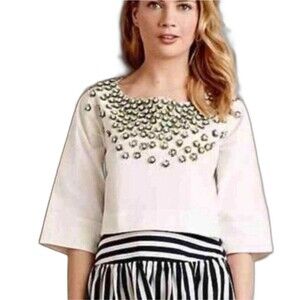Anthropologie Beaded Popping Blouse Sz Medium not so serious 3D flower top
